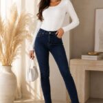 Blugi skinny extra elastan Bellagio, cu talie inalta, Bleumarin