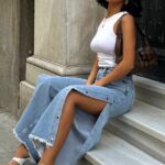 Blugi wide leg Banyo, cu capse si franjuri, Albastru deschis