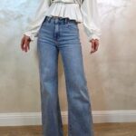 Blugi wide leg evazati Ventura, cu textura elastica, Albastru prespalat