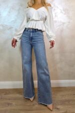 Blugi wide leg evazati Ventura, cu textura elastica, Albastru prespalat