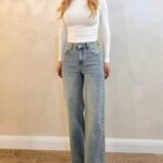Blugi wide leg Verona, cu perle si nuanta prespalata, Gri denim