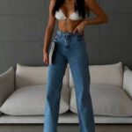 Blugi wide leg Yukatan, cu tiv perforat si aspect prespalat, Albastru deschis