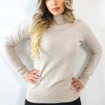 Bluza dama Rona, cu guler inalt si maneca lunga, Latte, Marime S/M