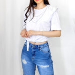 Bluza eleganta Kim, cu legare in talie si accesorii metalice cu cristale, Alb