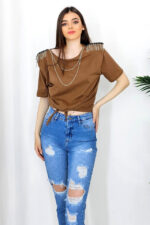 Bluza eleganta Kim, cu legare in talie si accesorii metalice cu cristale, Maro - imagine 2