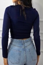 Bluza scurta cu pliuri Dakota, si maneca lunga, Bleumarin - imagine 2