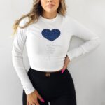Bluza scurta de dama, Woven, cu bumbac si cristale, Alb SKY