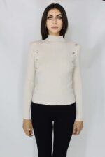 Bluza tricot Lya, cu guler inalt, striatii si aplicatii metalice, Crem, Marime S/M - imagine 2