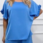 Bluza vaporoasa NORYA, cu maneca scurta si volane, Albastru deschis