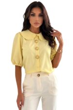 Camasa DARYA din bumbac, cu brose aurii si guler Peter Pan, Galben, Marime S/M/L - imagine 2