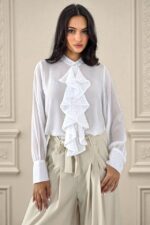 Camasa eleganta cu jabou Daliah si cristale, ALB, Marime S/M