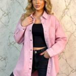 Camasa lunga denim LISBON, cu capse si cristale stralucitoare, Roz