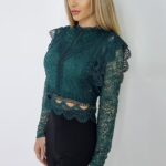 Camasa Ryna, cu maneci lungi, din dantela, Verde, Marime S/M