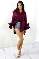 Camasa supradimensionata Sugar LoLLy, lungime asimetrica, cu volane, Bordo, Marime S/M/L