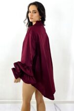 Camasa supradimensionata Sugar LoLLy, lungime asimetrica, cu volane, Bordo, Marime S/M/L - imagine 2