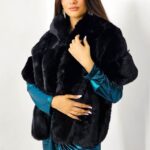 Capa tip sal din blana ecologica, Emeia, cu prindere in gaica, Negru, Marime OneSize