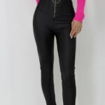 Colanti Elise, din piele ecologica, cu talie inalta, corset cu pliuri si fermoar, Negru