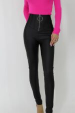 Colanti Elise, din piele ecologica, cu talie inalta, corset cu pliuri si fermoar, Negru
