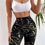 Colanti scurti fitness Ethan, cu banda modelatoare in talie si imprimeu variat, Gold Abstract