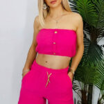Compleu bumbac Eclipsing, cu pantaloni scurti si top cu detalii aurii metalice, Fucsia