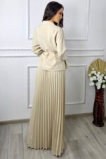 Compleu business LUNIS, cu sacou petrecut si fusta plisata, Crem, Marime S/M/L - imagine 2