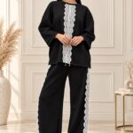Compleu casual Alberta, cu insertii din dantela si perle, Negru, Marime OneSize