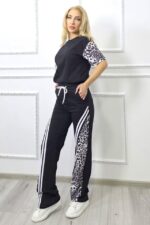 Compleu casual animal print Power Move, cu tricou si pantaloni lejeri, NEGRU