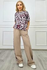 Compleu casual Calista, cu tricou oversize animal print si pantaloni, BEJ