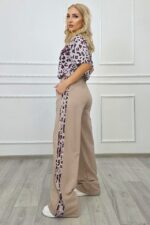 Compleu casual Calista, cu tricou oversize animal print si pantaloni, BEJ - imagine 2