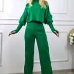 Compleu casual COMFY, bluza cu mansete supradimensionate si pantaloni tricot, Verde, Marime S/M/L