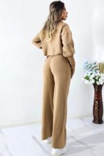 Compleu casual COMFY, tricot cu mansete supradimensionate si pantaloni lejeri, Bej, Marime S/M/L - imagine 2