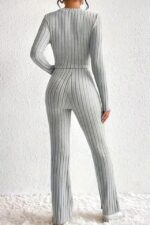 Compleu casual cu aspect impletit Wayana, bluza cu maneca lunga si pantaloni strech, Gri - imagine 2