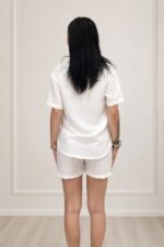 Compleu casual cu bumbac, cristale KARMELL, si pantaloni scurti, ALB - imagine 2