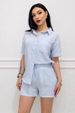 Compleu casual cu bumbac, cristale KARMELL, si pantaloni scurti, Baby Blue