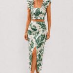 Compleu casual de vara ORLINEA fusta si top crop cu volane, Botanical Green