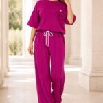 Compleu casual, doua piese Solenne, cu detaliu floral si cristale, Fucsia, Marime S/M/L
