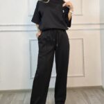 Compleu casual, doua piese Solenne, cu detaliu floral si cristale, Negru, Marime S/M/L