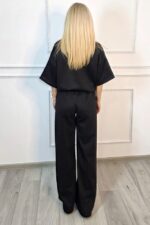 Compleu casual, doua piese Solenne, cu detaliu floral si cristale, Negru, Marime S/M/L - imagine 2