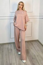 Compleu casual, doua piese Solenne, cu detaliu floral si cristale, Roz prafuit, Marime S/M/L