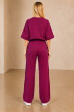 Compleu casual, doua piese Solenne, cu detaliu floral si cristale, Magenta Violet, Marime S/M/L - imagine 2