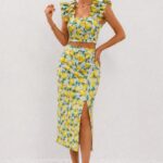 Compleu casual lemon ORLINEA fusta si top crop cu volane, Galben LIME