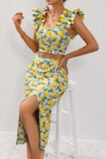 Compleu casual lemon ORLINEA fusta si top crop cu volane, Galben LIME - imagine 2