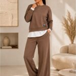 Compleu casual LUNARIA, cu bluza lejera si pantaloni wide leg, Maro, Marime S/M/L
