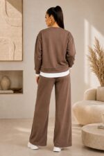 Compleu casual LUNARIA, cu bluza lejera si pantaloni wide leg, Maro, Marime S/M/L - imagine 2