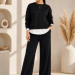 Compleu casual LUNARIA, cu bluza lejera si pantaloni wide leg, Negru, Marime S/M/L