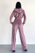 Compleu casual Maribela, din catifea, cu pantaloni lejeri si bluza cu gluga, Lila - imagine 2