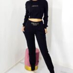 Compleu casual, OlaVogue, pantaloni cu buzunare si bluza crop, Negru