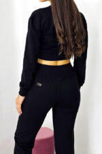 Compleu casual, OlaVogue, pantaloni cu buzunare si bluza crop, Negru - imagine 2