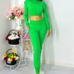 Compleu casual, OlaVogue, pantaloni cu buzunare si bluza crop, Verde