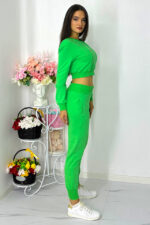 Compleu casual, OlaVogue, pantaloni cu buzunare si bluza crop, Verde - imagine 2